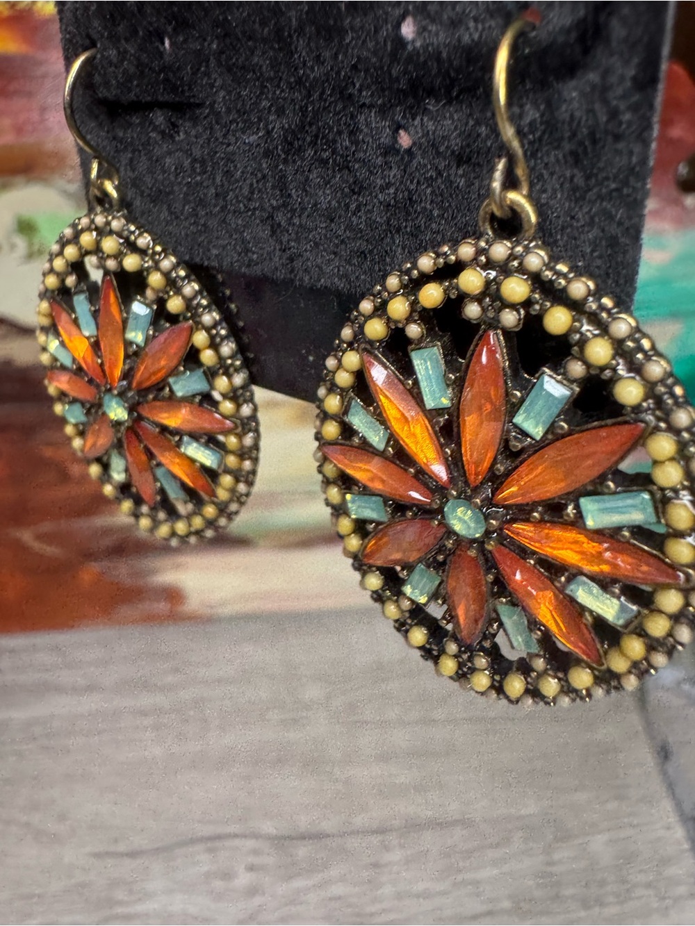 Vintage-Inspired Orange & Turquoise Floral Drop Boho Earrings